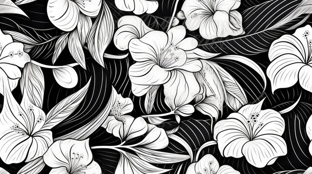 Tropical leaves linear line art in black and white, tiled and redy for pattern and repetition. Tiled decoration floreal with tropical element in duotone black and white. Colored book style