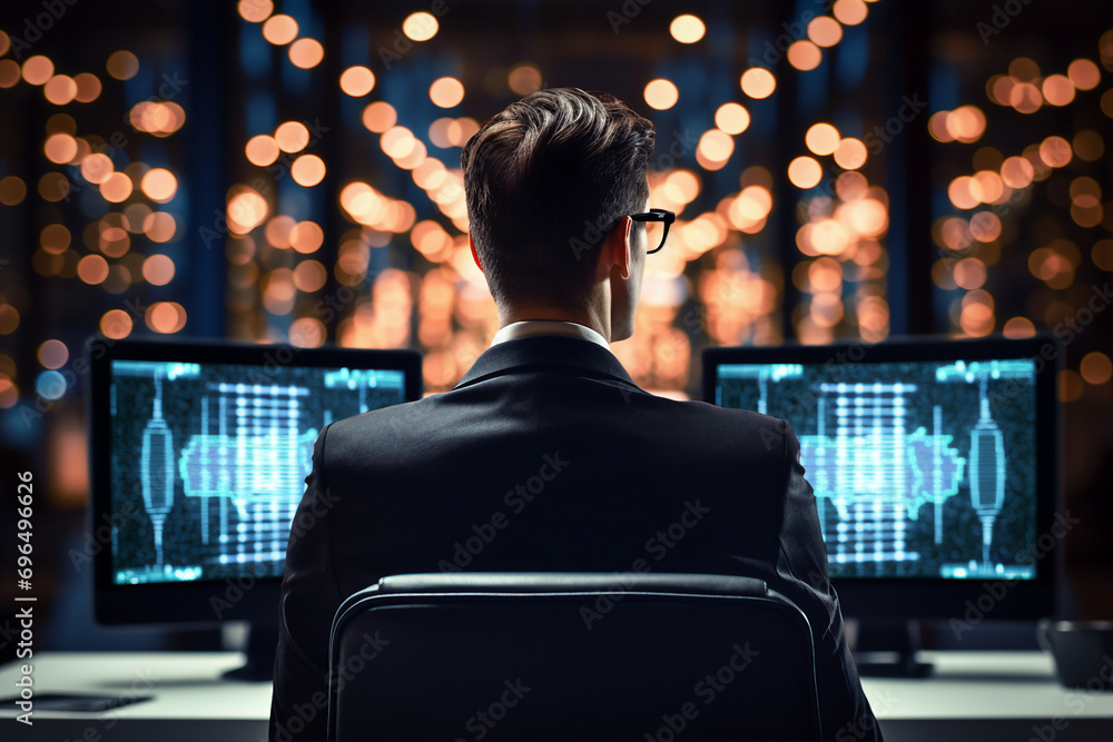 Poster young experienced businessman businesswoman it specialist programmer working with data generative ai