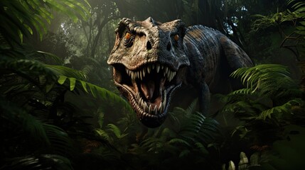 A fearsome dinosaur emerging from dense prehistoric foliage