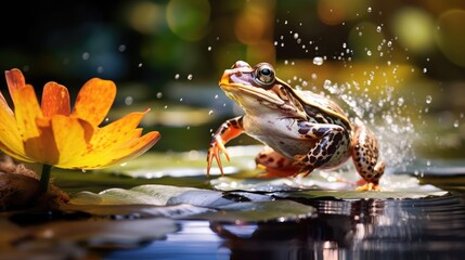 A frog leaping mid-air across vibrant lily pads in a sunlit pond
