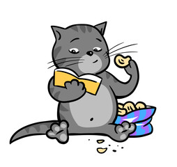 Tabby cat reads a book and eats chips. Cartoon vector illustration. Hand drawn line