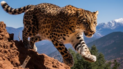 A leopard gracefully descending from a rocky ledge in the Atlas Mountains of Morocco