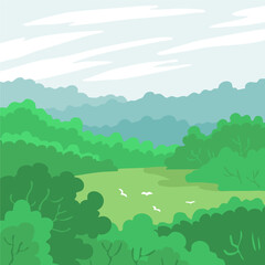 Obraz premium Summer landscape of nature. Panorama with green forests, meadow, hill, fields and blue sky. Rural scene. Flat vector illustration for background