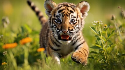 Naklejka na ściany i meble A playful tiger cub exploring a grassy clearing