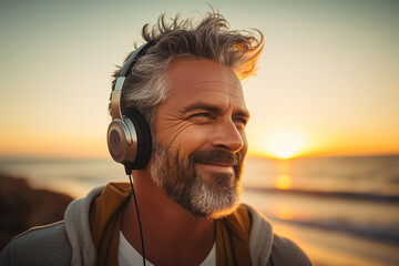 Happy man wearing headphones listening to music breathing fresh air on the street