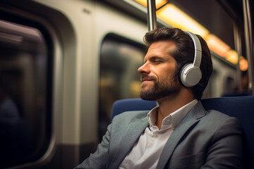 Generative AI picture of passenger traveler riding in transport in headphones listening to music