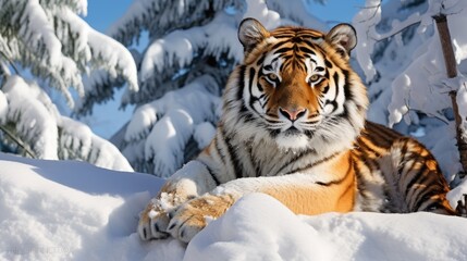 A Siberian tiger resting on a snow-covered rock in a wintry landscape