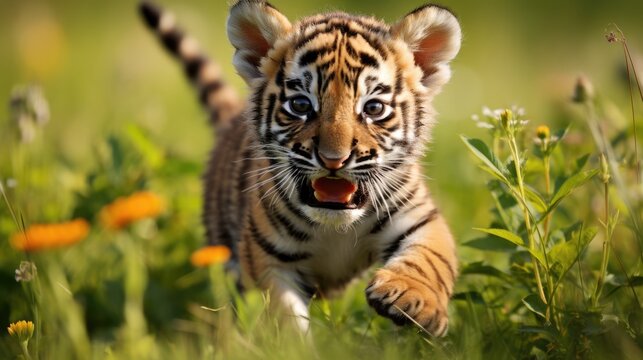A playful tiger cub exploring a grassy clearing