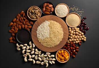 Whole grains and nuts seed arranged neatly in bowls.