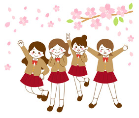 桜と女子学生。卒業式や入学式のイメージ。