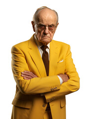 A portrait of a grumpy old man in a yellow suit, a white background!