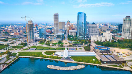 Aerial View of Milwaukee Skyline, Lakefront Park, and Quadracci Pavilion
