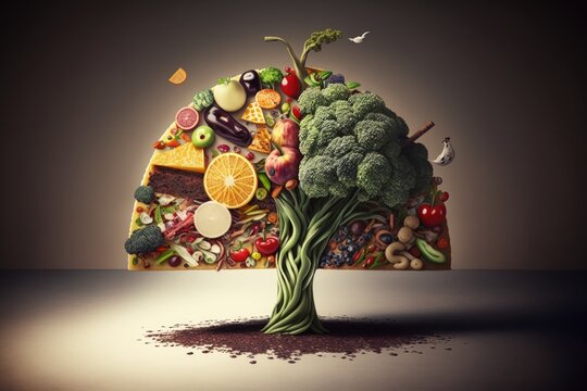 Fruit and vegetable shaped like a tree. Conceptual image