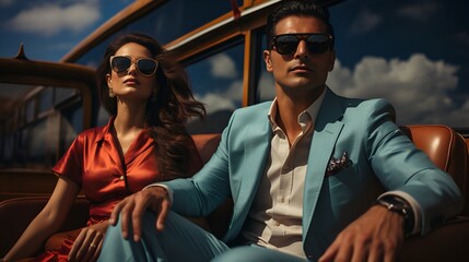 Wealthy Indian couple in sunglasses sitting on yacht and looking away while enjoying summer day against sunny blue sky.
