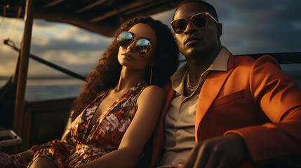A wealthy and young African American couple with sunglasses on a private yacht enjoying a summer...