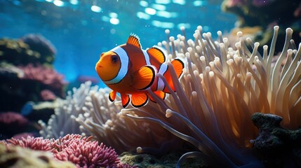 Fototapeta na wymiar Lone clownfish surrounded by anemone tentacles in vibrant reef.