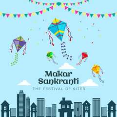 Fototapeta na wymiar Indian festival Happy Makar Sankranti poster design with group of colorful kites flying cloudy sky. vector illustration design.