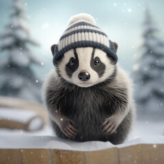 Texugo fofo com roupas de inverno na neve - Ilustração de personagem 3D