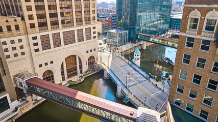 Aerial Urban Bridge and Architecture Contrast, Milwaukee River - obrazy, fototapety, plakaty
