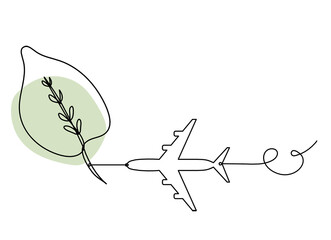 Abstract color leaf with plane as line drawing on the white