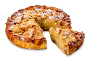 Homemade apple pie cut with slice isolated on white