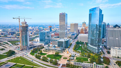 Aerial View of Bustling Cityscape with Skyscrapers and Public Park