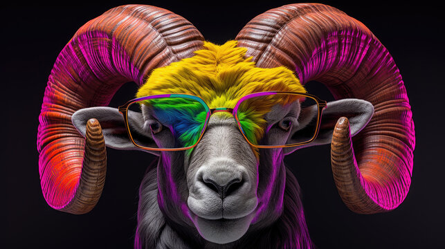 Detail image of a fashionable ram's face. Bighorn wearing sunglasses. Animal fashion in neon colors on dark background. Illustration for cover, card, poster, brochure or presentation.