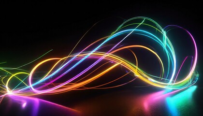 Fototapeta na wymiar 3d render abstract neon wallpaper glowing dynamic lines over black background light drawing trajectory fluorescent ribbon