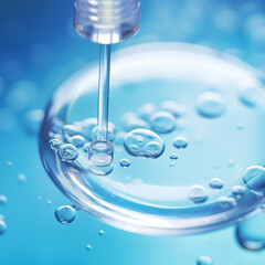 A dropper releases various bubble sizes of hyaluronic acid gel into a Petri dish against a blue backdrop in a macro closeup.