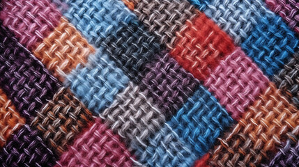 A close-up of woolen knitting, with colorful plaid from contrasting threads, for crafting projects or leisure.