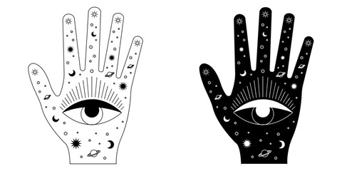 Palmistry and hieromancy. Hand lines and their meanings. Celestial and mystical astrology. Magical vector illustration.