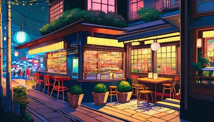 Naklejka premium a beautiful japanese tokyo city ramen shop restaurant bar in the dark night evening house at the street anime cartoonish art style cozy lofi asian architecture 16 9 4k resolution generative ai