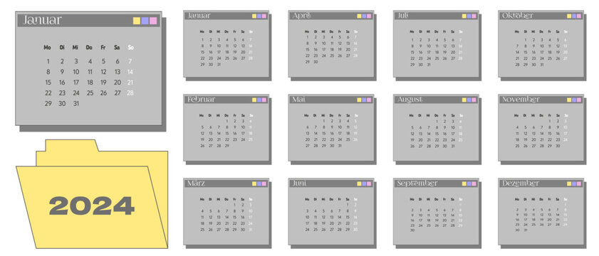 2024 calendar in y2k style. Months in the form of computer interface folders. Retro PC elements.