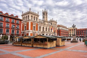 Main square with the Town Hall in the background in the old city of Valladolid, Castilla LEon.