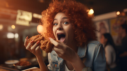 A close-up of a mouth and teeth savoring a takeaway fried chicken wing from a quick-service eatery.