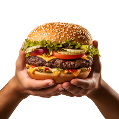 hand handed over large meat burger, for product promotion