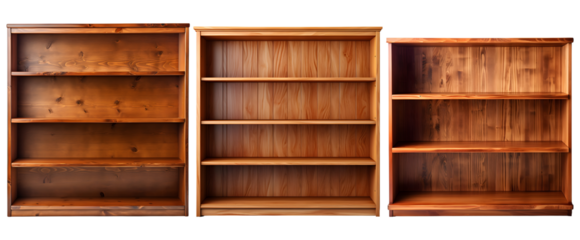 set of empty wooden bookshelves