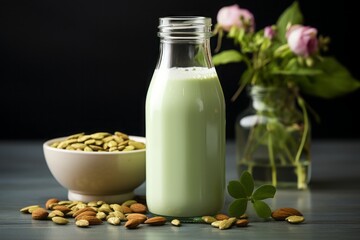 Obraz na płótnie Canvas pistachio milk in a bottle and a scattering of nuts. A healthy dietary product, vegan green drink, cow's milk substitute.