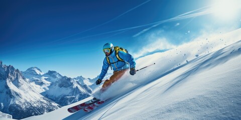 A man riding skis down a snow-covered slope. Perfect for winter sports enthusiasts and outdoor adventure promotions