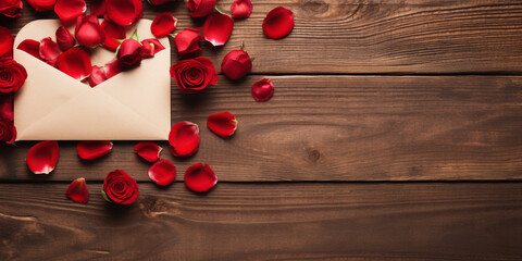 An envelope surrounded by red roses on a wooden table full of little hearts. Valentines day advertisement concept. Space for text