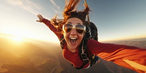 Obraz premium A woman in a red shirt is flying with a parachute. Perfect for adventure and outdoor activities