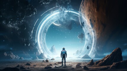 astronaut with his back facing an unknown and bright portal - obrazy, fototapety, plakaty