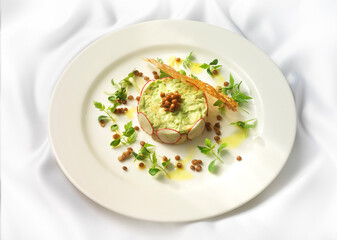 Avocado, Vorspeise, topshot, Radieschen, Kräuter, fine dining, Avocadotartar, Avocadocreme,