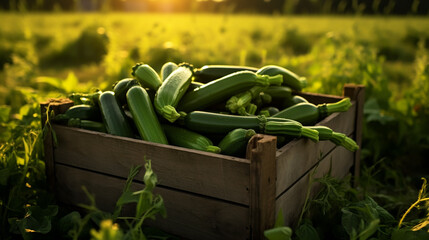 Green and yellow zucchini harvest in wooden box at green garden background. Copyspace
