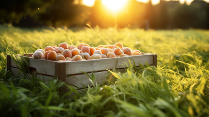 Old wooden box with apricots in garden