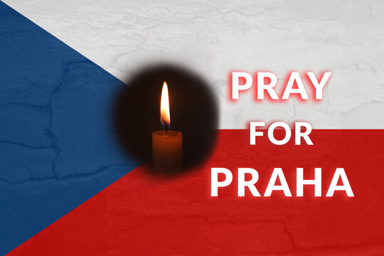 Pray for Praha. Banner for design. Text. Mass shooting in Prague. Flag of Czech Republic