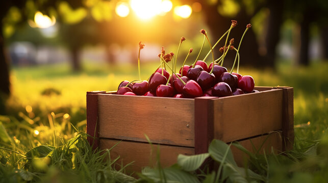 Collecting cherries in the garden. The boxes are freshly picked red cherries. Industrial cherry orchard. Close up view of green grass and full boxes