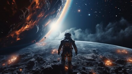 astronaut floating watching the collision of 2 planets © Marco