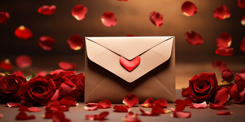 An envelope surrounded by red roses on a wooden table full of little hearts. Valentines day advertisement concept