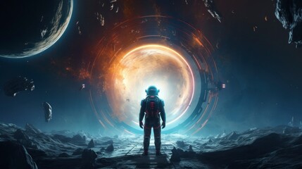 lost astronaut in front of a glowing portal lost in space - obrazy, fototapety, plakaty